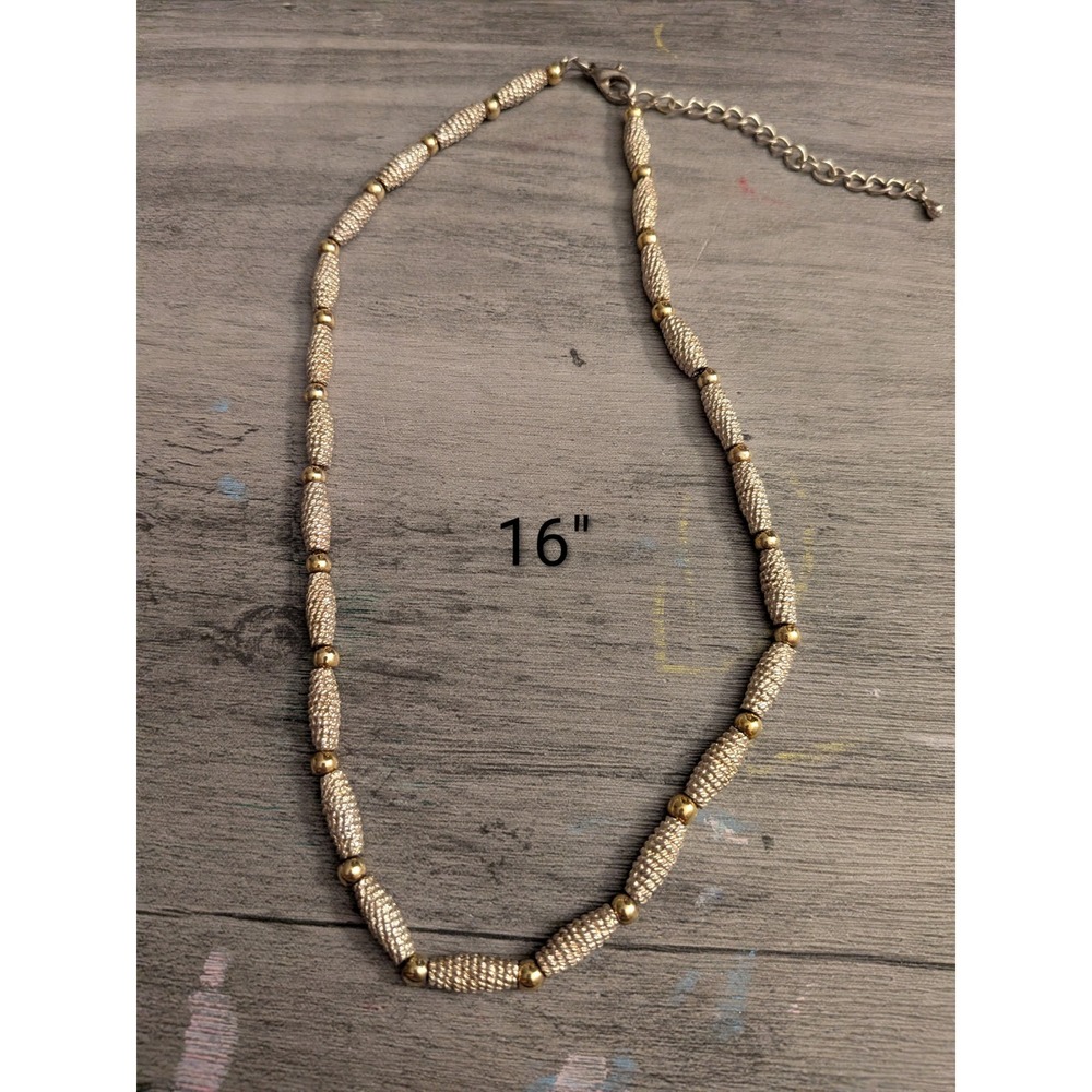 Womens Two Tone Beaded Necklace Silver Gold Textured Barrel Beads 16 Inch